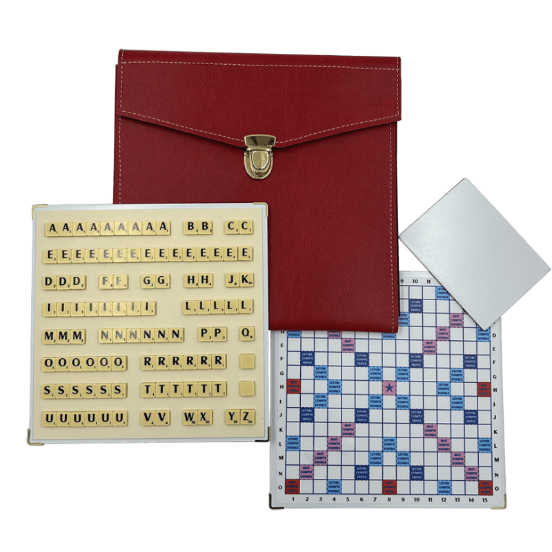 Scrabble Cuir Vegan - Magnétique - Rouge - Jeux de Lettres et de Chiffres cadeau bel objet - Rouge et Noir