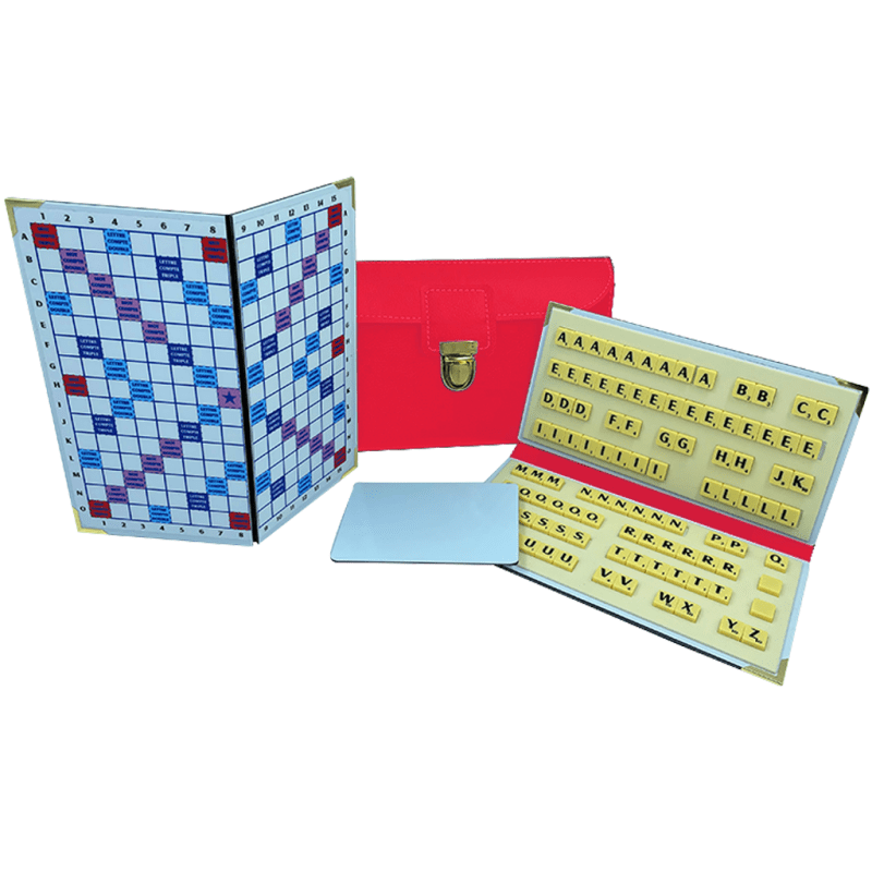 Scrabble Duplicate ou de Voyage en Cuir Vegan - Magnétique - Pliant - Corail - Jeux de Lettres et de Chiffres cadeau bel objet - Rouge et Noir