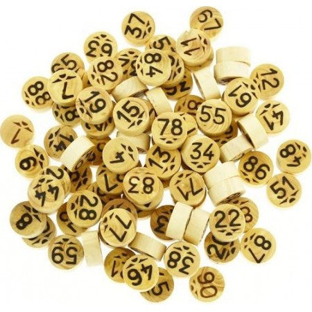 Pions de loto en buis numérotés de 1 à 90