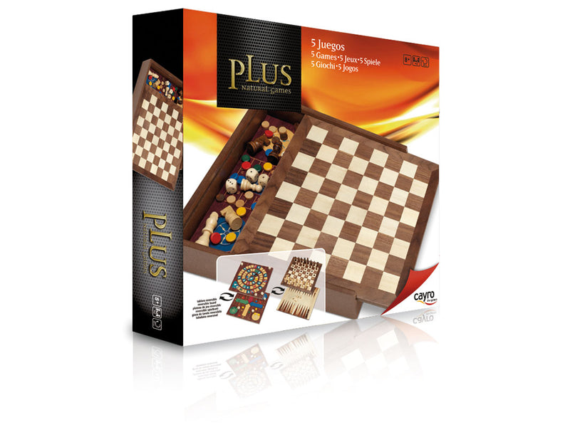Coffret Multijeux 5 jeux (Échecs / Dames (sur échiquier) / Oie / Parchisi / Backgammon)