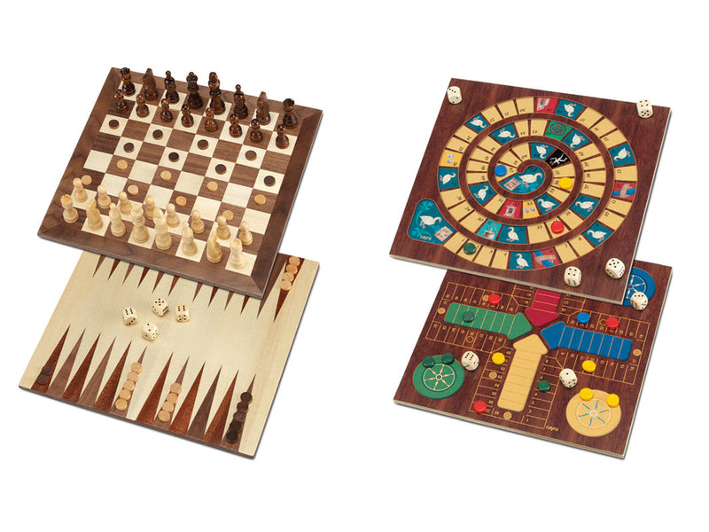 Coffret Multijeux 5 jeux (Échecs / Dames (sur échiquier) / Oie / Parchisi / Backgammon)